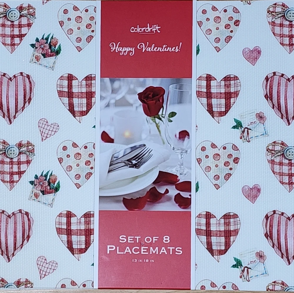 Colordrift White Red Pink Hearts Decorative Placemats Set 8pc Table Mats 13x18in